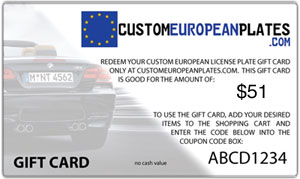 Custom License Plate, Frame & 1 Accessory Gift Card